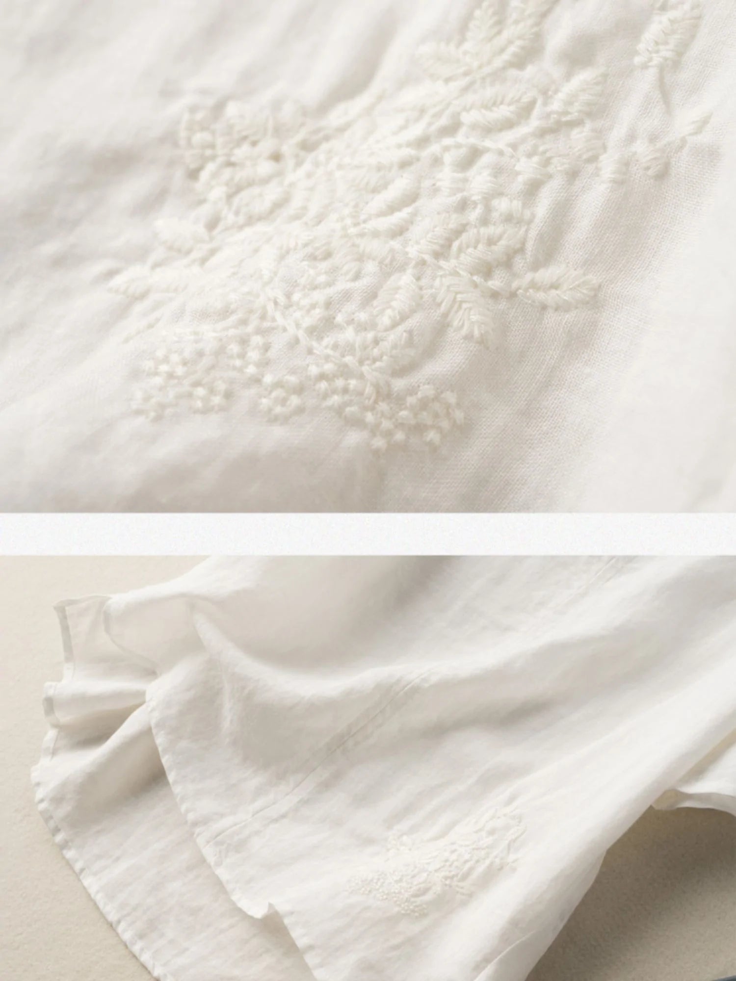 Embroidered Round Neck Short Sleeve Casual Linen Tee Top